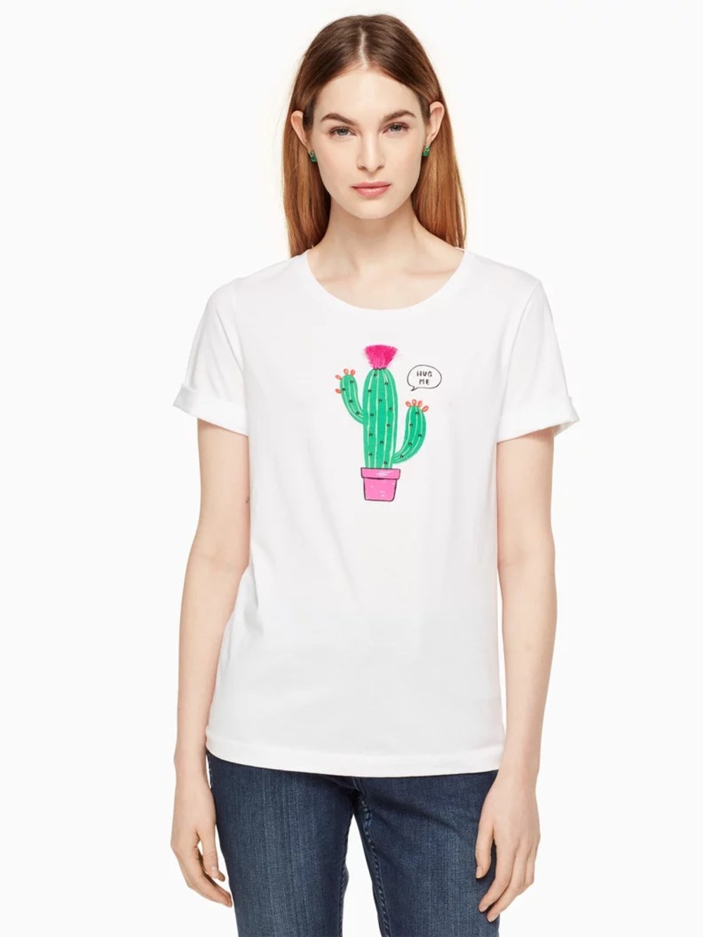 Kate Spade - White Cactus Graphic Tee with Pink Accent